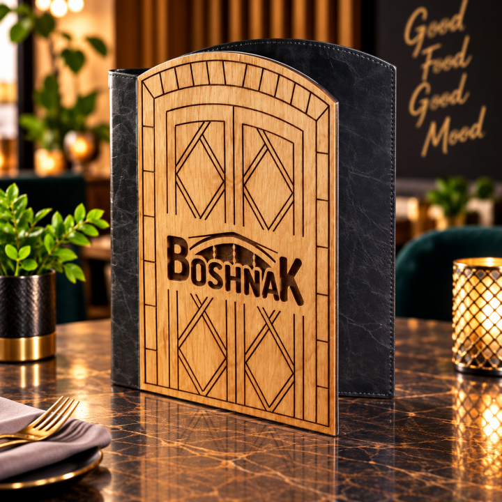 Ahşap Kapaklı Deri Detaylı Logo Baskılı Restoran Menü